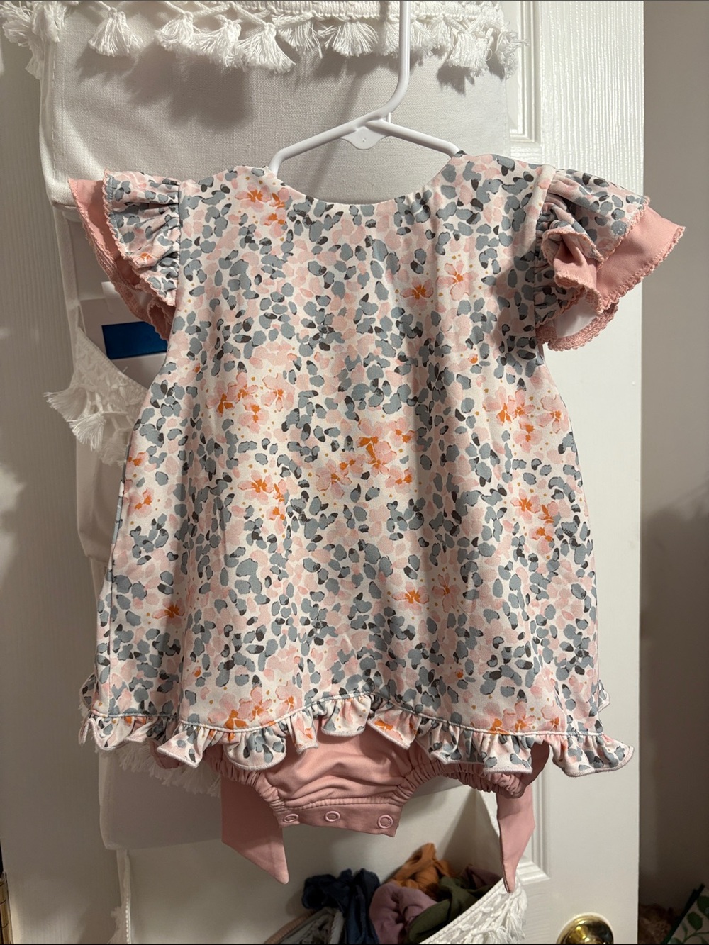 Pink Floral Ruffle Diaper Cover Dress with Matching Bloomers